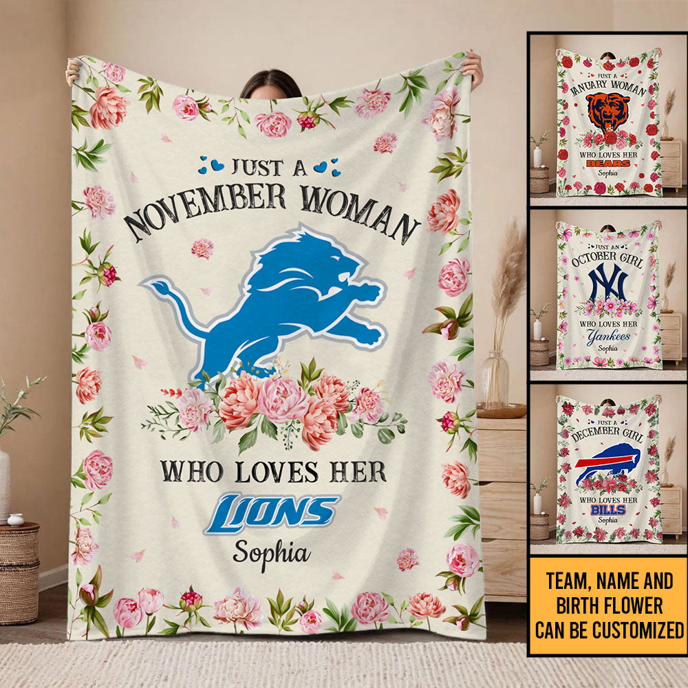 Just A Girl Loves Her Team Birth Flower Fleece Blanket - Customized Fleece Blanket