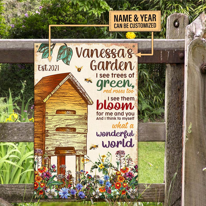 Personalized Bee Garden What A Wonderful World Classic Metal Sign