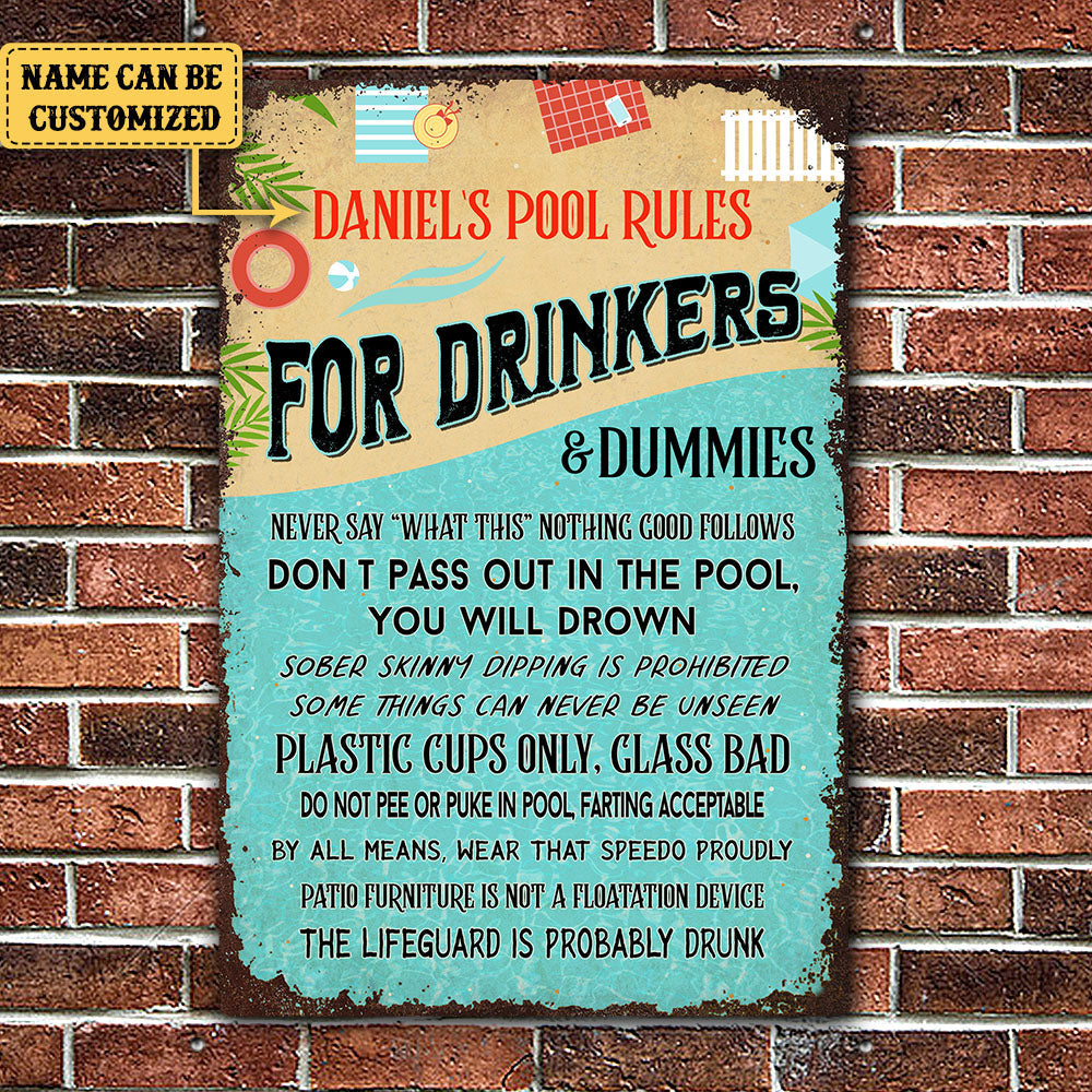 Personalized Pool Rules For Drinkers And Dummies Metal Sign