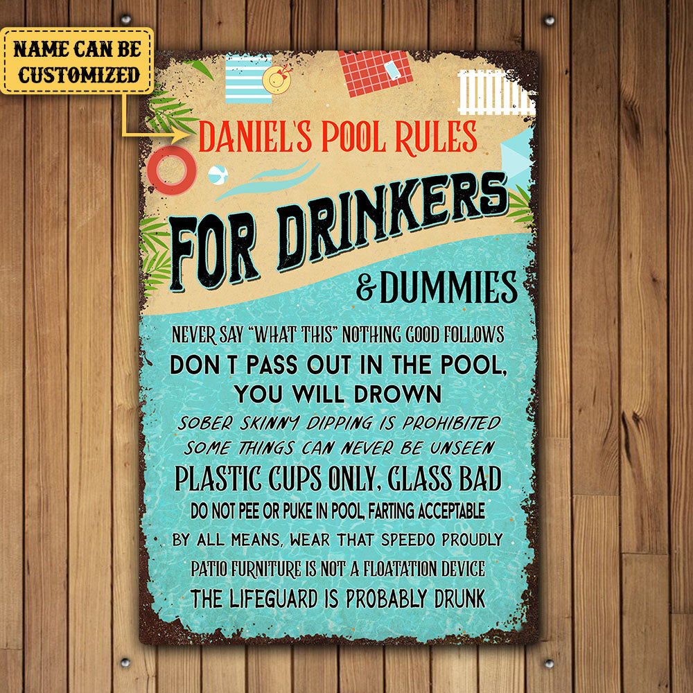 Personalized Pool Rules For Drinkers And Dummies Metal Sign