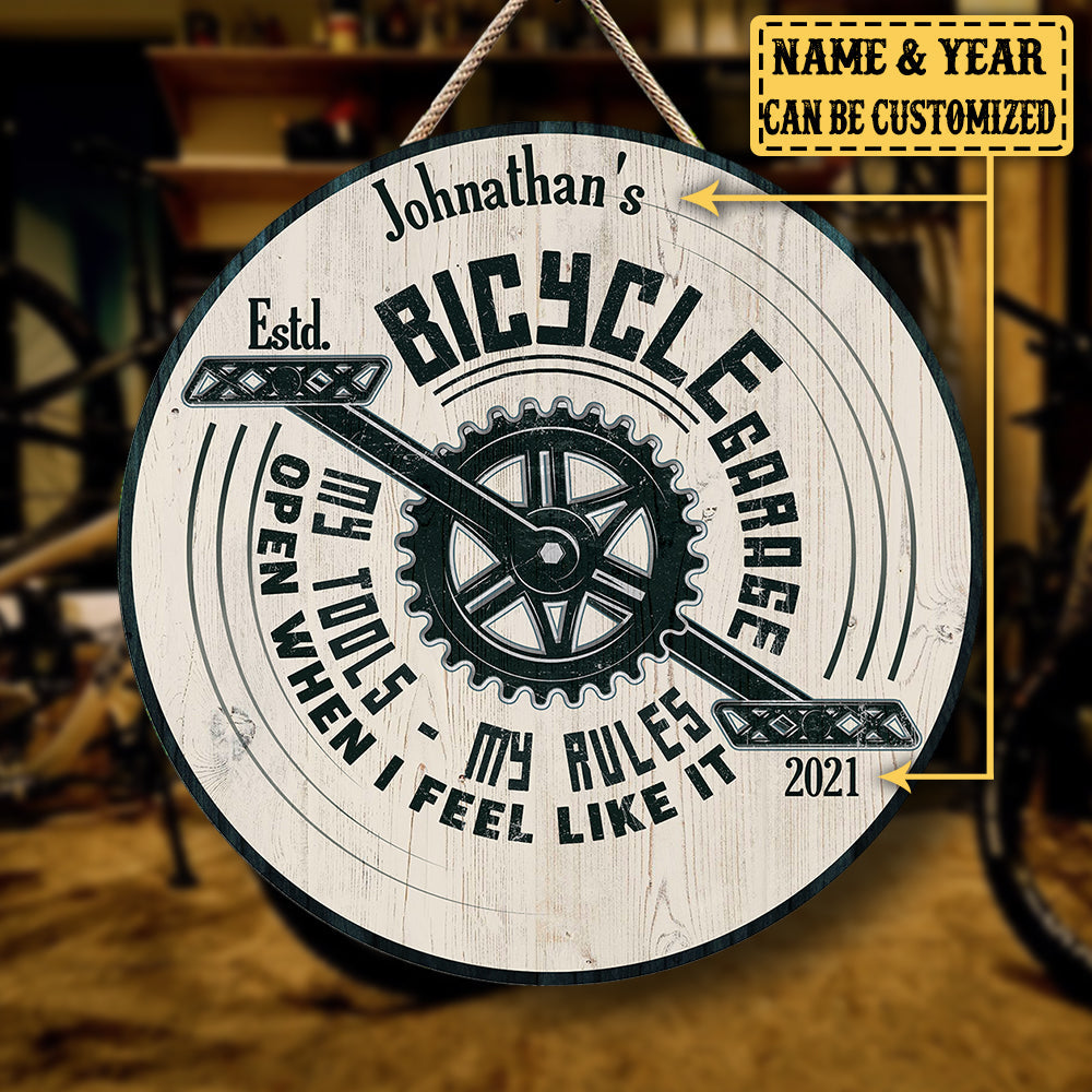 Personalized Bicycle Garage My Tools My Rules Wood Round Sign