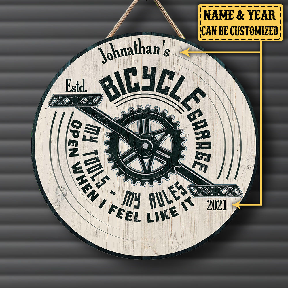 Personalized Bicycle Garage My Tools My Rules Wood Round Sign