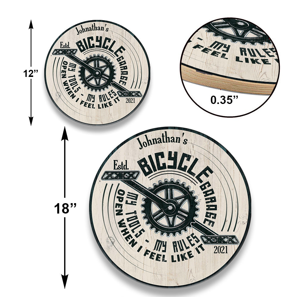 Personalized Bicycle Garage My Tools My Rules Wood Round Sign