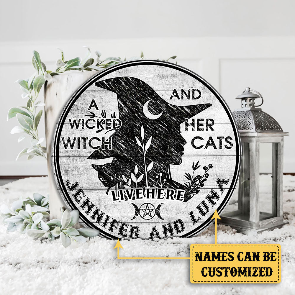 Personalized A Wicked Witch And Her Cat Live Here Pallet Wood Circle Sign