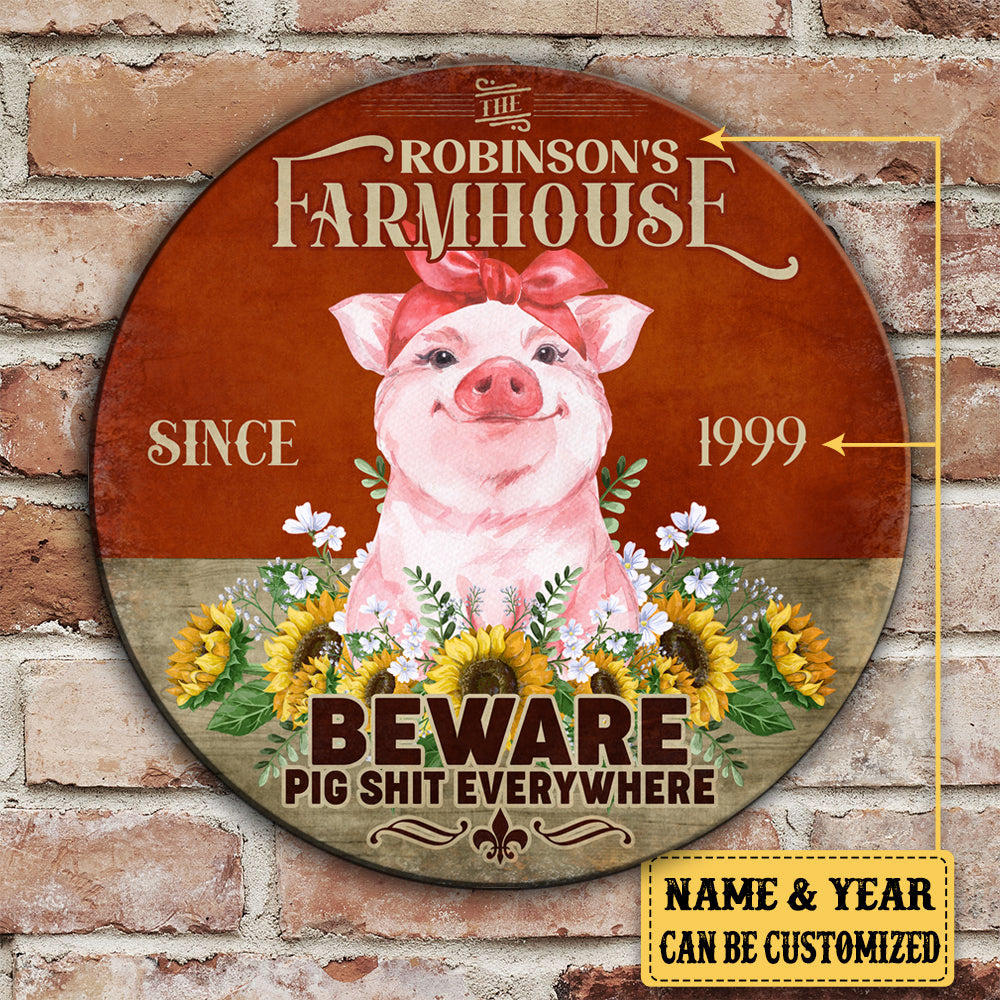 Personalized Pig Farm House Beware Wood Round Sign