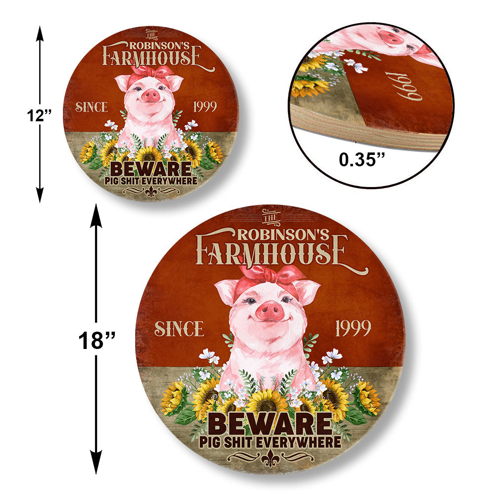 Personalized Pig Farm House Beware Wood Round Sign