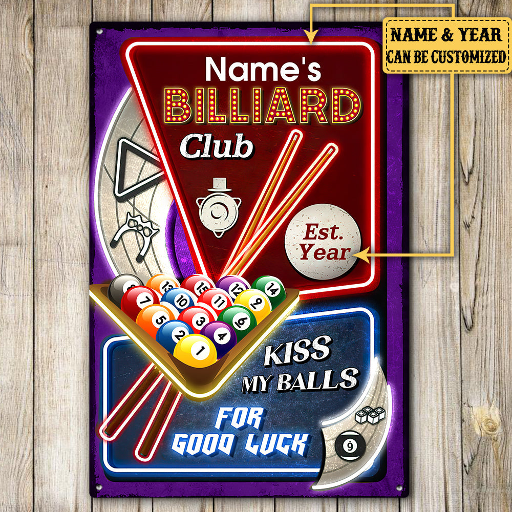 Personalized Billiard Club Kiss My Balls For Good Luck Metal Sign