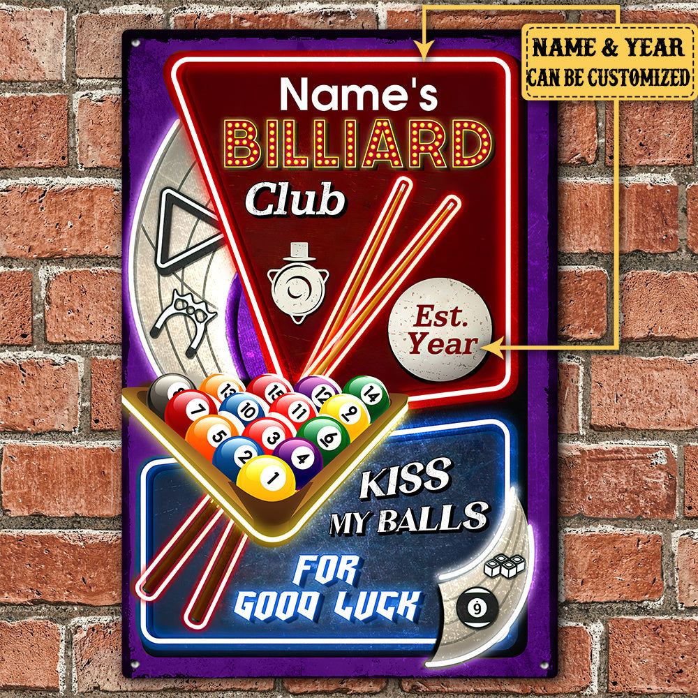Personalized Billiard Club Kiss My Balls For Good Luck Metal Sign