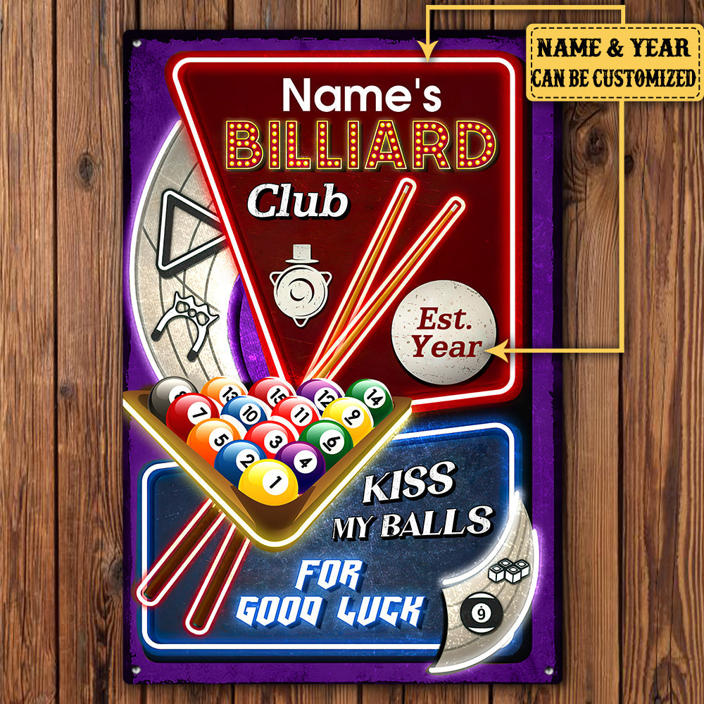 Personalized Billiard Club Kiss My Balls For Good Luck Metal Sign