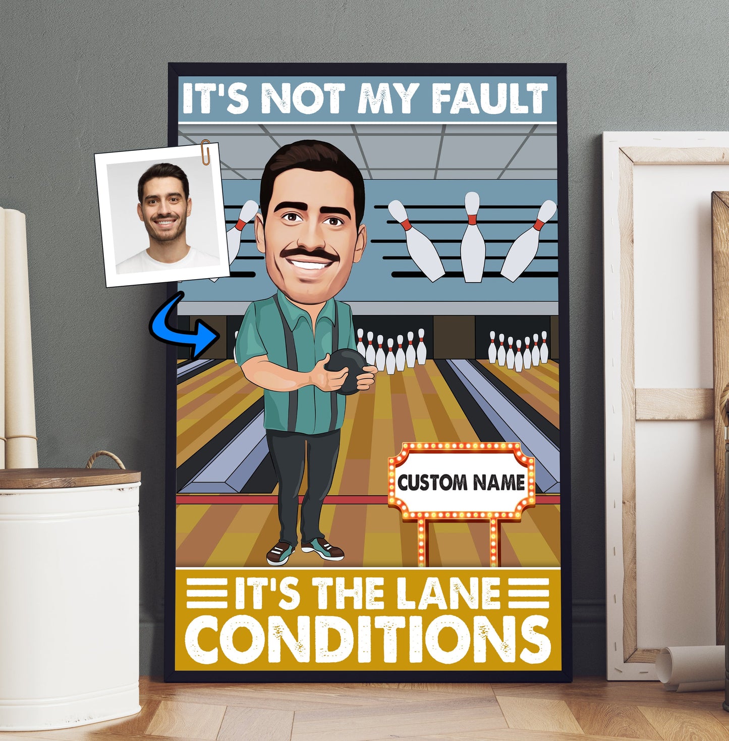 It's Not My Fault It's The Lane Conditions - Bowler Gift - Custom Caricature Portrait From Your Photo - Bowling Coach Gift - Bowling Player Gift