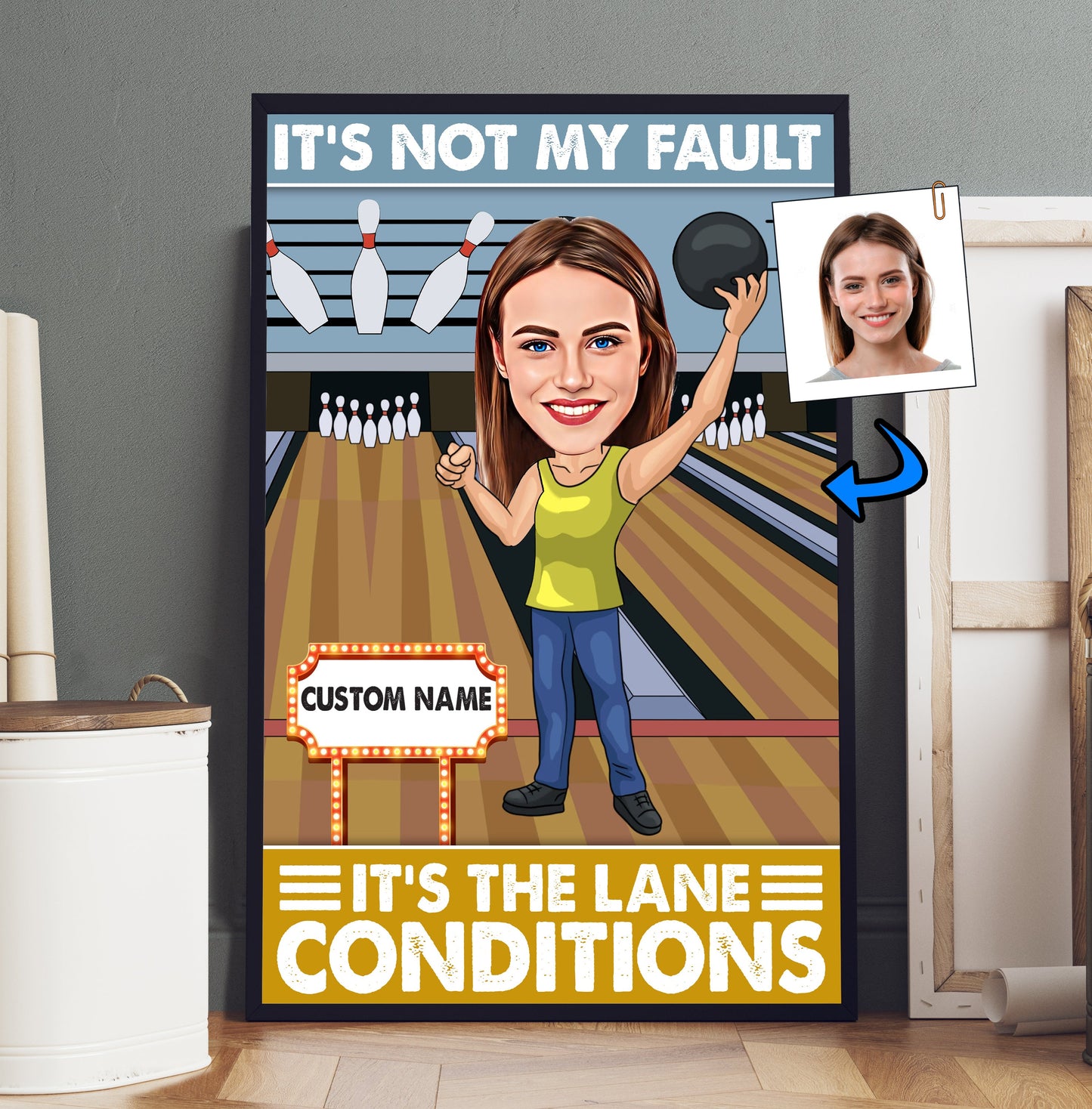It's Not My Fault It's The Lane Conditions - Bowler Gift - Custom Caricature Portrait From Your Photo - Bowling Coach Gift - Bowling Player Gift