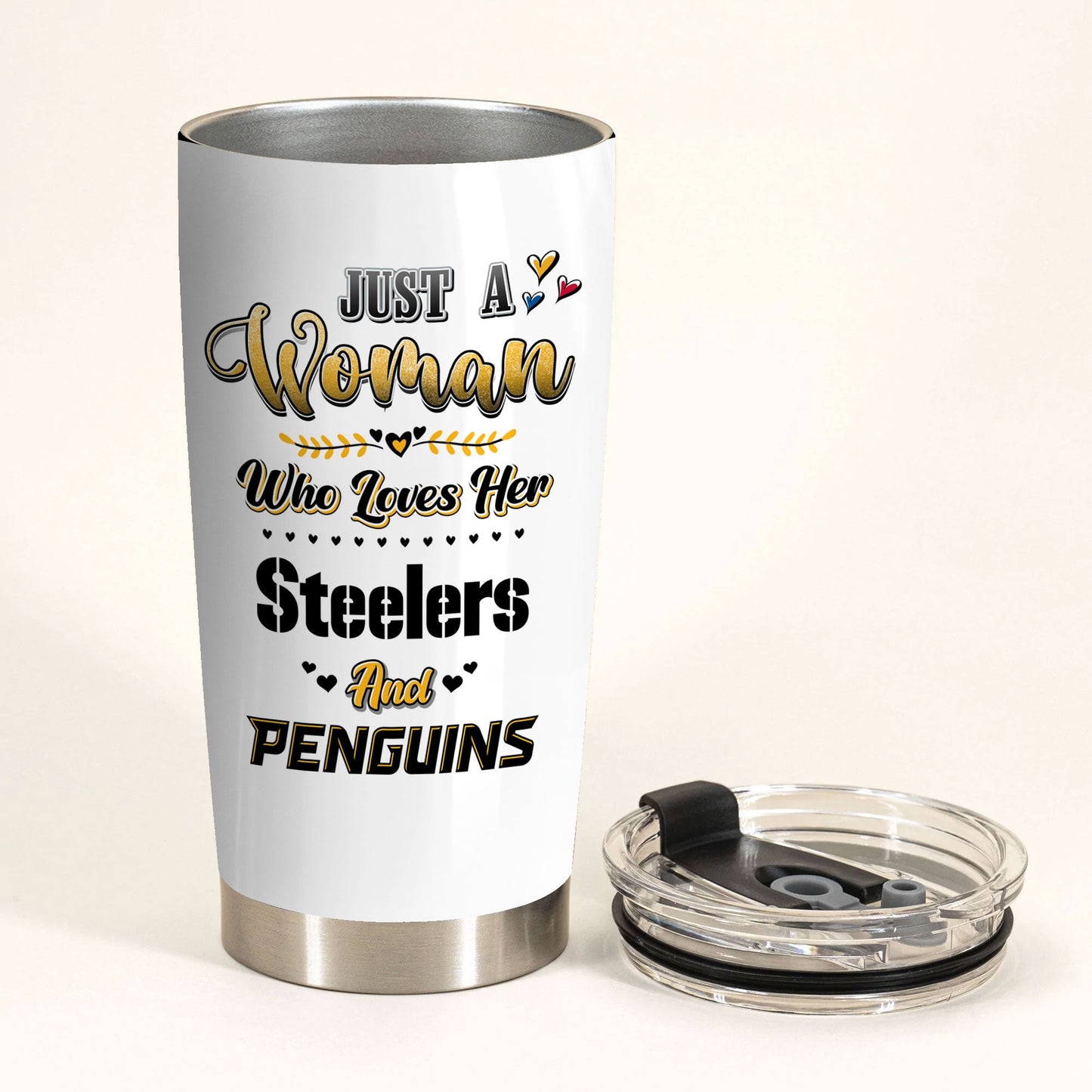 Just A Woman Who Loves Her Pittsburgh Football And Hockey Tumbler
