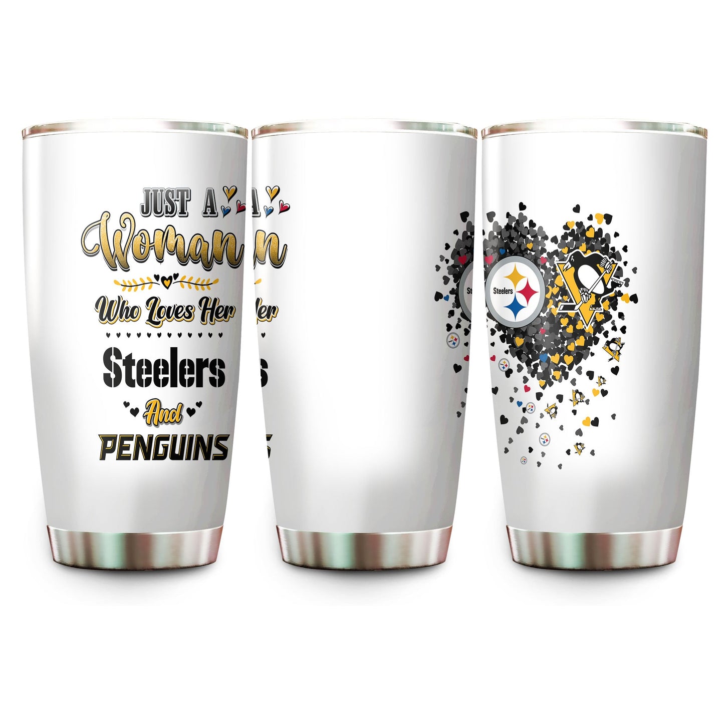Just A Woman Who Loves Her Pittsburgh Football And Hockey Tumbler