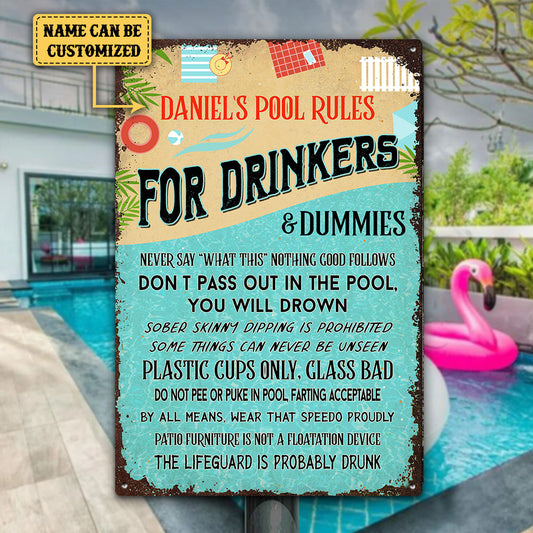 Personalized Pool Rules For Drinkers And Dummies Metal Sign