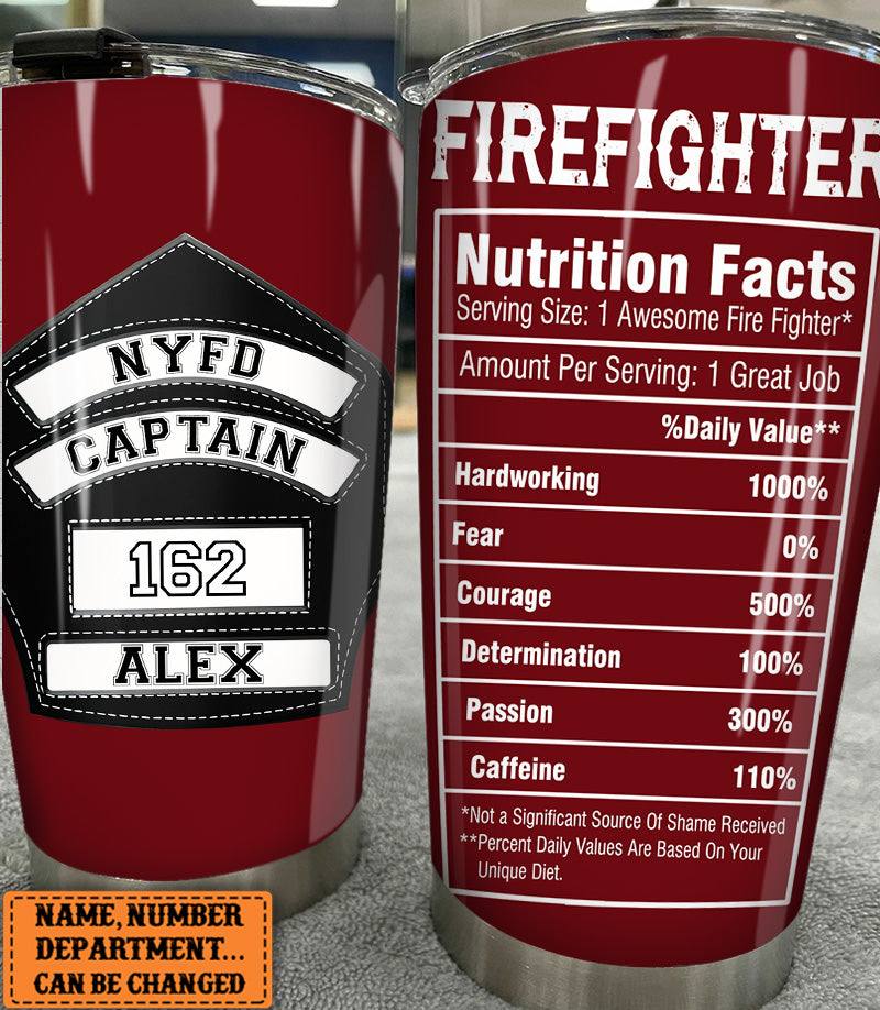 Personalized Firefighter Nutritional Facts Tumbler