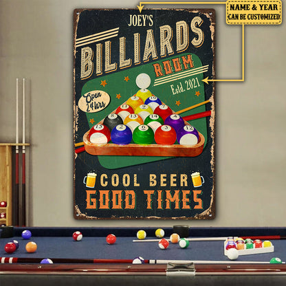 Personalized Billiards Room Cool Beer Good Time Metal Sign