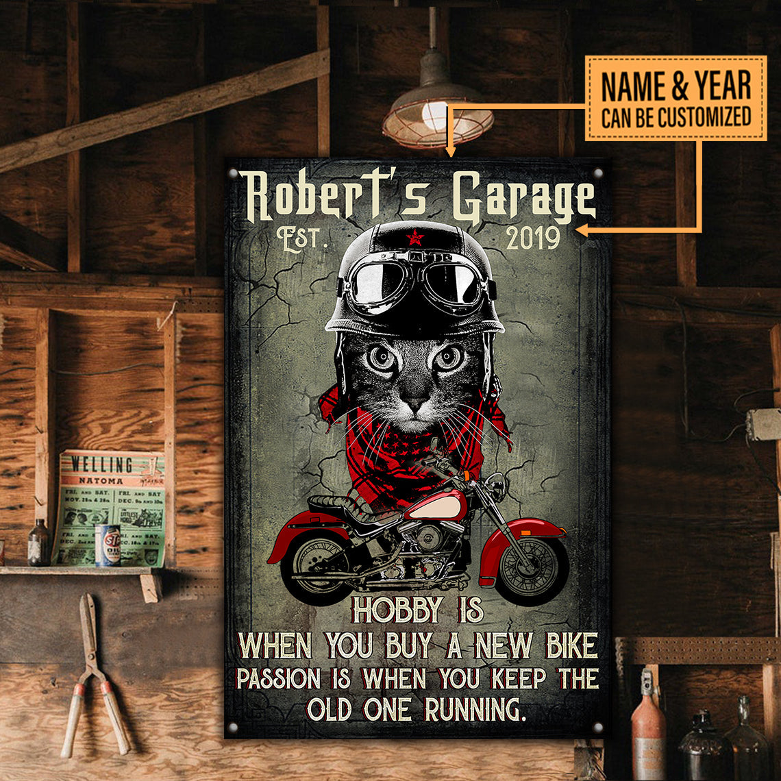 Personalized Cat Motorcycle Garage Classic Metal Sign
