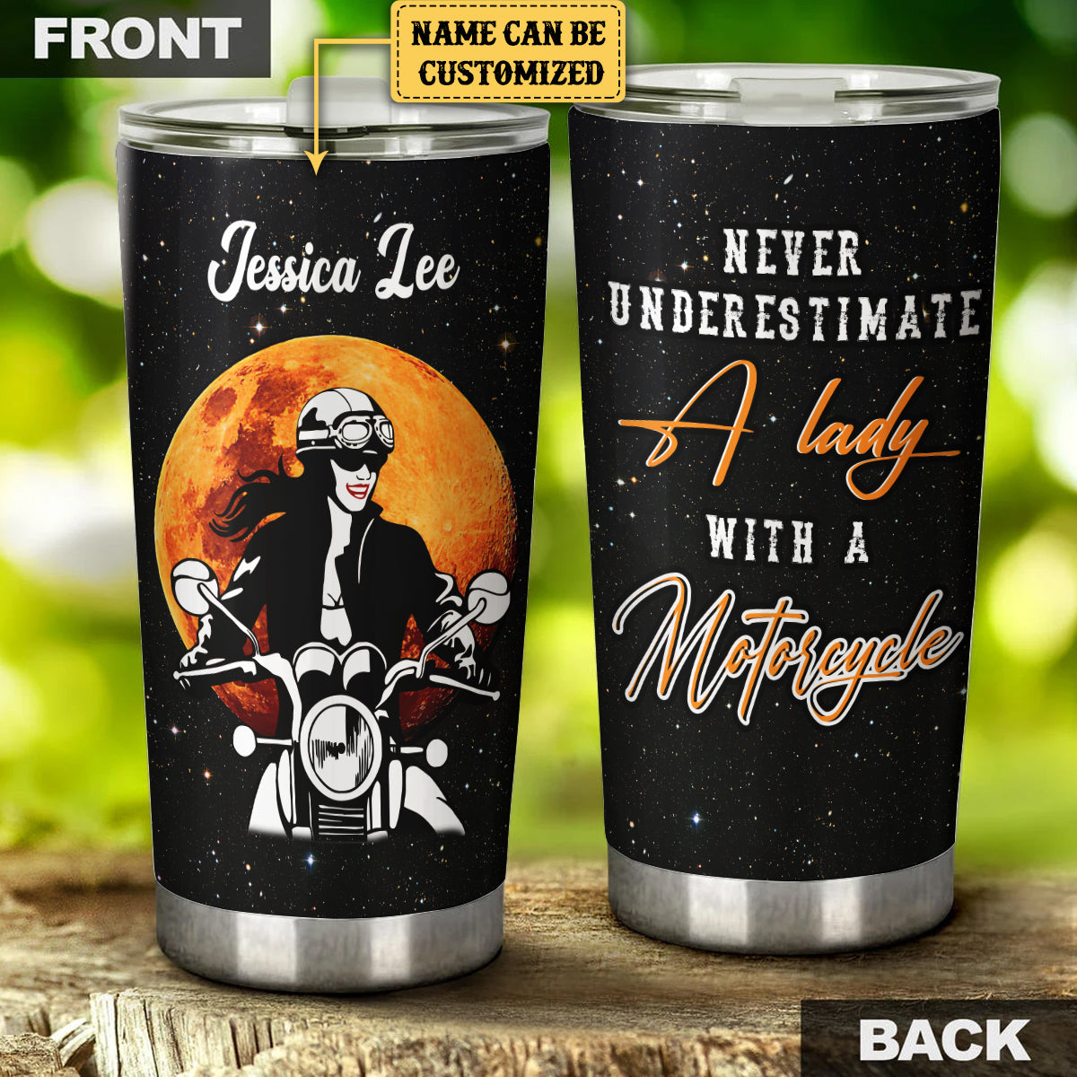 Personalized Never Underestimate A Lady With A Motorcycle Tumbler