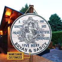 Personalized A Salty Pirate And His Beautiful Mermaid Live Here Pallet Wood Circle Sign