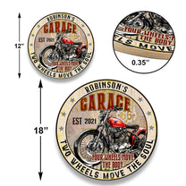 Personalized Four Wheels Move The Body Two Wheels Move The Soul Garage Wood Round Sign