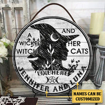 Personalized A Wicked Witch And Her Cat Live Here Pallet Wood Circle Sign