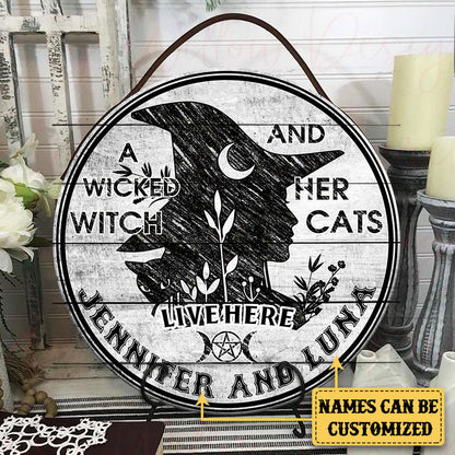 Personalized A Wicked Witch And Her Cat Live Here Pallet Wood Circle Sign