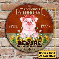 Personalized Pig Farm House Beware Wood Round Sign