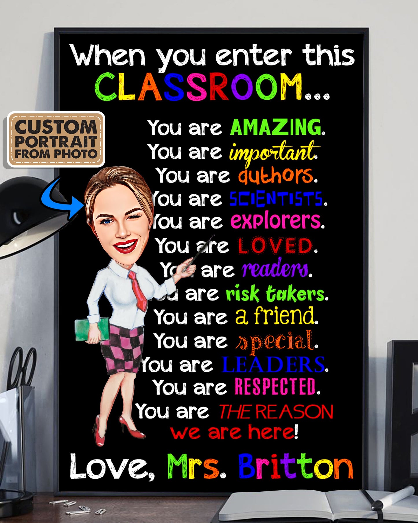 When you enter this Classroom You are Amazing - Custom Name Teacher Poster Canvas - Custom Cartoon Portrait From Your Photo - Back To School